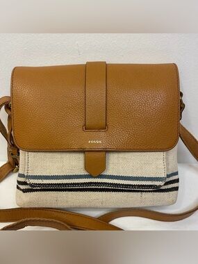 Fossil Kinley Small Leather Canvas Crossbody Bag With Key Charm No Callouts